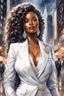 Placeholder: Create a watercolor image of a curvy African American female wearing a white business suit with white heels. Prominent make up with hazel eyes. Highly detailed very long extremely curly black hair. She is wearing silver and diamond Jewely that shines of the lights. Her skin is smooth and silky. Background of a busy city street