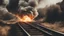 Placeholder: make me a thumbnail of an explosion with big fire and lots of black smoke on a train track in sunny weather