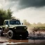 Placeholder: hyperrealistic shot, muddy military toy truck, monotone color palette, sharp focus, puddle reflection, tire water splash, refraction, mist on the horizon, lightbing, shadowcast, detailed and intricate, cinematic composition, micro, tilt shift photography