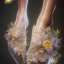 Placeholder: a glass slipper, a hyperrealistic photo, transparent body, crystal, shells, pastel colours flowers and leaves transparent, professional light, rock, rococo, Artstation, intricate detail realism hdr, intricate detailed 8 k, with ornate jewelled, intricate detailed 4 k