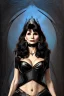 Placeholder: drawing of victoria principal as evil queen in black leather, feminie, angry, stern look on her face, volouptous, busty, cleavage, emperious, mature, highly detailed, digital painting, artstation, concept art, smooth, sharp focus, illustration, art by gaston bussiere and alphonse mucha