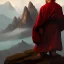 Placeholder: Portrait of a monk, red robe, mountain background, fog, grimdark, Frank Frazetta, Greg Rutkowski, hyperdetailed, dnd, trending on Artstation, Splash screen art, dynamic lighting, hyperdetailed, intricately detailed, a masterpiece, 8k resolution