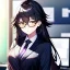 Placeholder: Clear focus, 8k, high quality, detailed, beautiful lighting, girl, vibrant colors, black long hair, vibrant golden eyes, office clothes, glasses, messy hair,