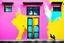 Placeholder: there are two birds sitting on a ledge next to a window, colorful mural on chipped walls, by Saurabh Jethani, photomanipulation, pink and yellow, by Liza Donnelly, diptych, eye catching composition, open window, open door, double exposure, double entendre, dramatic, dynamic, whizz dynamics, liminal vibe, amazing reflections, great contrasts, excellent verticals, perfect parallels, orange tint, socinlars vibe