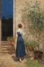 Placeholder: Night, one woman, house, vegetations, flowers, dirt, konstantin korovin, and juliette wytsman paintings