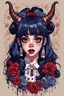 Placeholder: wears a smart shirt which is embroidered with bluered flowers and ornaments, has dark eyes and horns,Poster in two gradually, a one side malevolent goth vampire girl face and other side the Singer Melanie Martinez face, full body, painting 90's movie , pixel art , for a retro gaming 2D style by Yoji Shinkawa, darkblue and sepia tones,