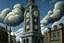 Placeholder: A gray giant and tall clock tower painted by Thomas Hart Benton