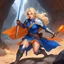 Placeholder: blonde warrior with a revealing blue tunic holds a lance with an orange flag, she is crouching cavern Batch Promote