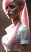 Placeholder: girl, cute, beautiful, pink hair, brown eyes, pigtails, bangs, knife in hand, blood on face, by Greg Rutkowski, big boobs, blazer