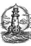 Placeholder: Outline art for coloring page with A lighthouse beaming light across the ocean , ,white background, sketch style, only use outline, clean line art, white background, no shadows, clear outline,