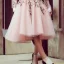 Placeholder: extravaganza wedding dress, short pink black shows legs, long sleeves