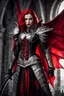 Placeholder: Horror Creepy photograph Silver and red fantasy Beautiful Queen Vampire armour, with a red cape, with black and red spikes coming out the back and arms, glowing red eyes, long red hair pony tail coming out,at castle