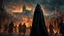 Placeholder: a female wizard in black cloth and gloves leading an army of the dead through a burning medieval city. the apocalypse. empty hands. blood. magic in the sky. fantasy setting. intense horror. blind terror. scared to death. a masterpiece, fantasy concept art, dynamic lighting, hyperdetailed, intricately detailed, deep color, Unreal Engine, volumetric lighting, Epic cinematic brilliant stunning intricate meticulously detailed dramatic atmospheric maximalist digital matte painting