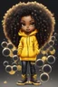 Placeholder: Create an airbrush illustration of a chibi cartoon black female thick curvy wearing a cut of yellow hoodie and black jeans and timberland boots. Prominent make up with long lashes and hazel eyes. Highly detailed shiny black curly afro hair. Background of a large bubbles all around her 2k