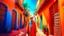 Placeholder: surreal and dreamlike, An elderly man wearing traditional Moroccan clothing standing in a colorful, sun-drenched alleyway with red and orange buildings, palm trees, and a blue sky in the background, saturated, pastel, dreamy atmosphere, liquid psychedelic