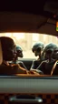 Placeholder: aliens sitting in an taxi car and the driver looking at them in the mirror