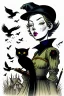 Placeholder: Witch, playing with crows, black cat, perfect iris, ink and pencil, style Tintin