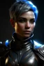 Placeholder: create a female air genasi from dungeons and dragons, dark gray short hair, light blue eyes, wind like hair, wearing hot leather clothing that also looks studded, realistic, from waist up, digital art, high resolution, strong lighting