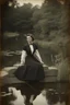 Placeholder: [vintage] A woman in tuxedo around a pond