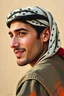 Placeholder: A young Palestinian man, forty years old, wearing a keffiyeh, has a beautiful face, turns his face to the right, has a slight smile, his mouth is closed and his teeth are not visible, his eyes are looking to the left, he appears to be drawn with oil paints