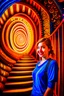 Placeholder: awake inside a dream, woman smiling online in the style of escher, spray paint, photo realism, trending on art station, 8k, depth of field, down light, light rays, volumetric, reflective spiral staircase, blue, yellow, golden brown and orange