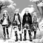 Placeholder: funky black and white manga art of fashion, punkrock, future illustration: RPG group of Adventurers in the wild