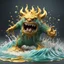 Placeholder: 3d monster clay style, water splashing of monster out from liquid effect, gold colours, dominating the wave, fully magical forest in the middle, splashes around