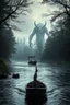 Placeholder: fiume in una foresta oscura con barca antica romana e una creatura gigante sullo sfondo in mezzo agli alberi