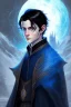 Placeholder: young black haired blue eyed wizard in the style of beresford egan