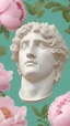 Placeholder: Plaster head of David, pink peonies on the head, Doric order, mint background --ar 4:5