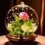 Placeholder: Cinematic shot of peonies inside a crystal lace globe, glass, crystal, linen, dewdrops, warm lighting, luxurious