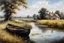 Placeholder: River with two old rowing boats, meadow and moor landscape, in the foreground trees and some bushes, in the background small old bridge and some old houses, oil painting, style John Constable Modifiers: oil on canvas masterpiece Oil Painting impasto brush strokes metchley