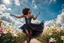 Placeholder: The camera zooms in, focusing sharply on very beautiful black girl with make up Lily wearing pretty dress as she dances gracefully in the same romantic environment with flowers and sky with nice clouds. Her joy and youth are presented against the backdrop of the surreal surroundings.