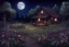 Placeholder: Dry trees, night, full moon, cabin, yard with flowers, fence