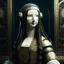 Placeholder: monalisa intricate details, futuristic outfit, gorgeous, weird, serious with VR Glasses which is a plan for the design of a computer in the style of Leonardo Da Vinci