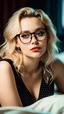 Placeholder: beauty girl in a swimsuit, girl, blond hair, glasses, choker, bedroom, bed, lies,30 years old