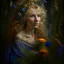 Placeholder: captivating conceptual portrait featuring a Swedish woman with cascading, ethereal hair and an enchanting aura. Her flowing gown is adorned with a diverse array of wildflowers, including Fireweed, Linden flower, Meadow sweet, Cornflower, St. John's wort, Stinging nettle, and Peppermint plant. Her delicate hand tenderly touches a mystical blackbird