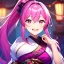 Placeholder: girl, masterpiece, best quality, volumetric lighting, detailed outfit, perfect eyes, long hair, fuchsia hair, fuchsia eyes, laughing, obi, ponytail,