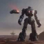 Placeholder: mecha with tracks for a tank. His body is armor and his hands are machine guns. The robot head has glass and the driver is an animal