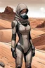 Placeholder: create a fine art print full body illustration of a rugged Fremen female in a stillsuit with breathing mask, catchpockets, stillsuit hood and gloves, of muted blacks, greys, and browns with highly detailed feminine facial features, traversing a a rocky outcrop amidst the desert sands of Arrakis, dusty, gritty, in the comic book art style of Bill Sienkiewicz, and Jean Giraud Moebius, finely textured, drawn, colored, and inked,