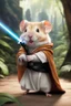 Placeholder: [photo realistic] a hamster standing with a Jedi cape and a Lightsaber, using the force, jungle in the background