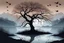 Placeholder: Illustration of a lonely dark tree with barren branches stands on a water's edge, reflected in the water, fog, crows on the sky, mystical landscape, sinister mood, line art