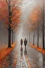 Placeholder: impressionism, oil, heavy impasto: dull and dreary deserted wet autumn cobbled grey street in a small town, heavy fog, trees, single fallen leaf on road, leaf in shades of pale orange and copper-red,autumn depression, a man and a woman walking , melancholic vibe, unsaturated colors, faded palette, ground level view, deep low wide angle, a man and a women hugging and kissing in the rain