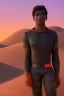 Placeholder: 3D render of a cyberpunk tribal teen black man, black hair, hooded, on a bright orange dune background, digital art