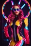 Placeholder: Beautiful woman,fashion style,latex suit,good body, headphone with sunglasses colorsfull ,background neon light