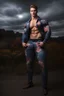 Placeholder: full body portrait, 6'5". 220lbs, extremely muscular,18-year-old Elvis Clark Kent has great big giant muscles, blue eyes, skintight, formfitting high-collared jumpsuit with floral designs, smirking, pitch black background, multicolored spotlight, Photorealistic, realistic stock photo, Professional quality Photograph. Fog, Clouds, mist.