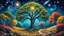 Placeholder: A tree of life in the center with abundant foliage along with views of all seasons, spring, summer, fall, and winter, and galaxies and stars in a blue, red, yellow, and white color theme and a psychedelic atmosphere.