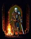 Placeholder: A frightening castle dungeon hallway with a skeleton warrior in rusty chainmail holding a burning torch painterly rpg art