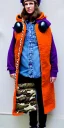 Placeholder: Brunette.thick thighs,thick calves,small belly,curvy fell. big head. Mantle is sewed of upcycled Denim and sewed together of camouflage pieces. Pieces' color are orange, cream and purple. It is with big bright purple felt tippet and cream-colored-hood. mantle is merged with satchel. . Big AKG-style headphones (gold rings!) is merged with small felt cap with small visor. Style: Haute Couture in 1920's, N.Y.C fashion in 1996, inspired by street art. Cream latex gaiter. Her head and rest body visib