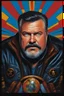 Placeholder: 58-year-old Scott Alan Kendall with crew-cut dark brown hair tapered on the sides, gray goatee, blue eyes, overweight, wearing a leather jacket - pitch black background with an overhead spotlight effect, extremely colorful, oil painting by frank frazetta